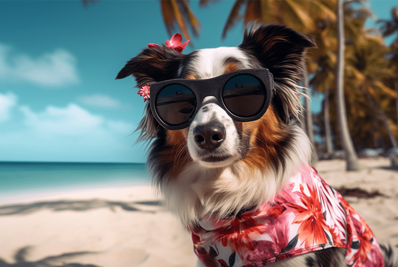 Australische herder met zonnebril en bloemenoutfit geniet van strandvakantie